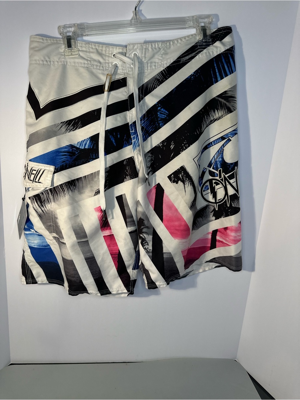 O'Neill White Swim Board Shorts with Blue & Pink Graphics